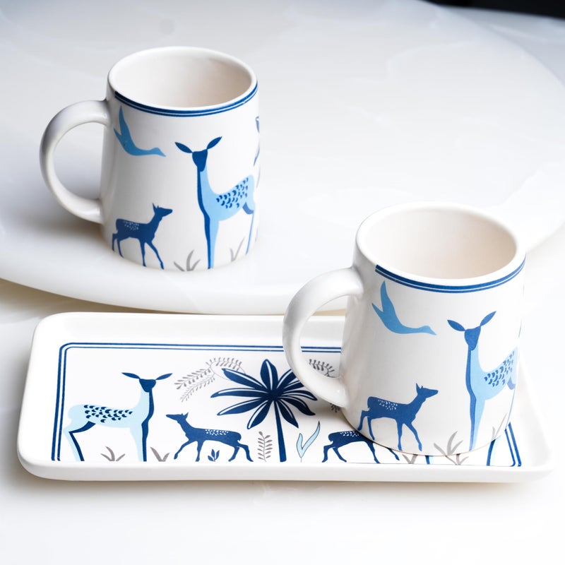 CRAF10 Blue Stag Coffee Tea Mugs Sets of 2 and 1 Tray, 330 ML, Microwave & Dishwasher Safe - Image 1