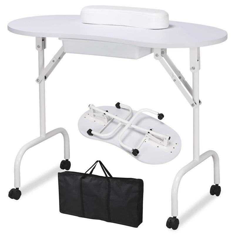 Yaheetech Yaheetech 37inch Portable  Foldable Manicure Table Nail Desk Workstation with Large DrawerClient Wrist PadControllable WheelsCarrying Case for Spa Beauty Salon White 1 Count Pack of 1