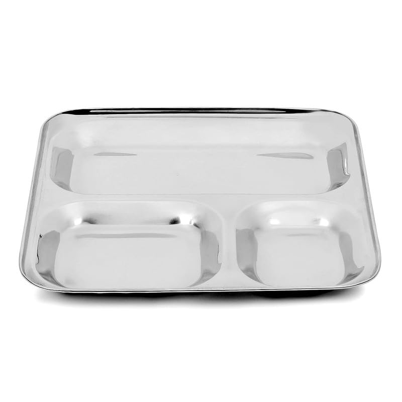 TORPPEZA 3 in 1 Divided Partition Heavy Plate Stainless Steel Plate, Dinner Tray, Deep Compartment, Bhojan, Heavy Gauge (Pack of 1 | 9.5 x 9.5 Inch|345gm Each Plate)… - Image 3