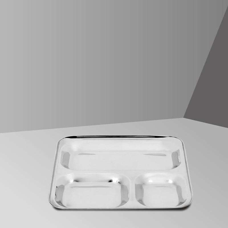 TORPPEZA 3 in 1 Divided Partition Heavy Plate Stainless Steel Plate, Dinner Tray, Deep Compartment, Bhojan, Heavy Gauge (Pack of 1 | 9.5 x 9.5 Inch|345gm Each Plate)… - Image 1