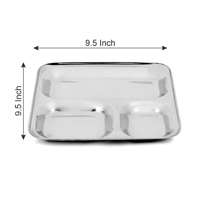 TORPPEZA 3 in 1 Divided Partition Heavy Plate Stainless Steel Plate, Dinner Tray, Deep Compartment, Bhojan, Heavy Gauge (Pack of 1 | 9.5 x 9.5 Inch|345gm Each Plate)… - Image 5