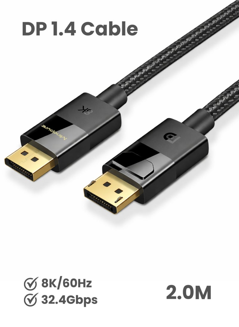 مينديبوريت كابل Mindpure DisplayPort 1.4 بطول 2 متر، 32.4 جيجابت في الثانية، يدعم 8K 60Hz و4K 144Hz، كابل ديسبلي بورت 1.4، يدعم G-SYNC وFreeSync وHDR، مثالي لشاشات الألعاب وبطاقات RTX 4080/4090 - Image 1