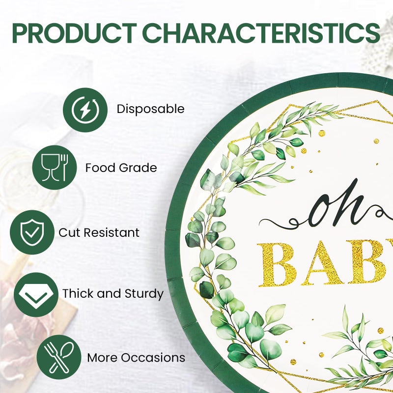 BOKFJBP 40pcs Sage Green Oh Baby Plates & Napkins-Sage Greenery Eucalyptus Baby Shower Disposable Green Leaf 9IN Party Plate Napkins for Gender Reveal Boys Girls Birthday Party Decorations Serves 20 Guests - Image 3