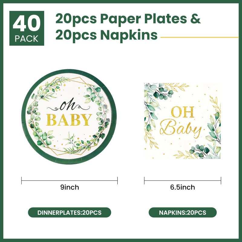 BOKFJBP 40pcs Sage Green Oh Baby Plates & Napkins-Sage Greenery Eucalyptus Baby Shower Disposable Green Leaf 9IN Party Plate Napkins for Gender Reveal Boys Girls Birthday Party Decorations Serves 20 Guests - Image 2