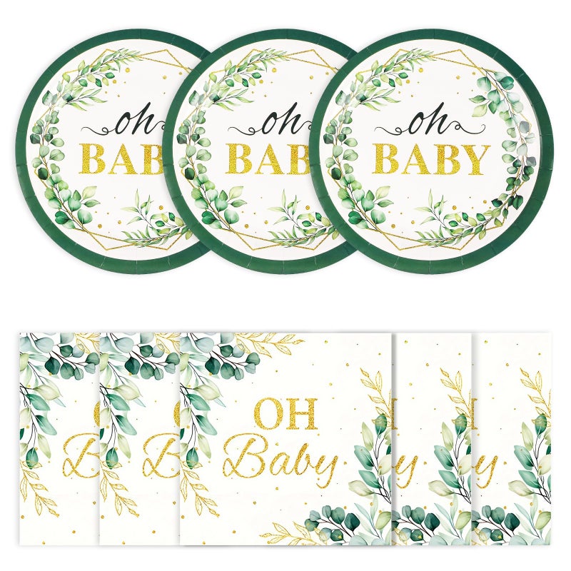 BOKFJBP 40pcs Sage Green Oh Baby Plates & Napkins-Sage Greenery Eucalyptus Baby Shower Disposable Green Leaf 9IN Party Plate Napkins for Gender Reveal Boys Girls Birthday Party Decorations Serves 20 Guests - Image 1
