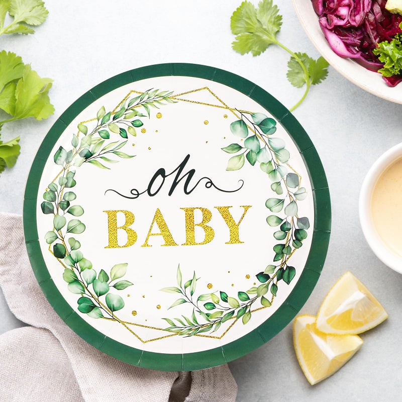 BOKFJBP 40pcs Sage Green Oh Baby Plates & Napkins-Sage Greenery Eucalyptus Baby Shower Disposable Green Leaf 9IN Party Plate Napkins for Gender Reveal Boys Girls Birthday Party Decorations Serves 20 Guests - Image 4