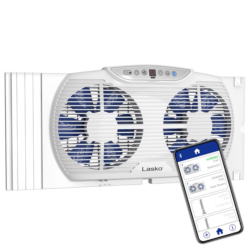 Lasko Lasko W09560 Bluetooth Enabled Twin 9Inch Window Fan with Independent Electrically Reversible Intake  Exhaust Motors with Thermostat and Timer for Bedroom Indoor Home Use White 