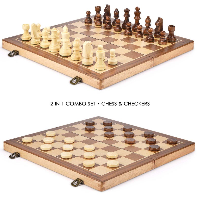 AMEROUS 15 Inches Wooden Chess  Checkers Set with Upgraded Weighted Chess Pieces  2 Extra Queen 24 Cherkers Pieces Instruction Chessmen Storage Slots Classic 2 in 1 Board Games - Image 3