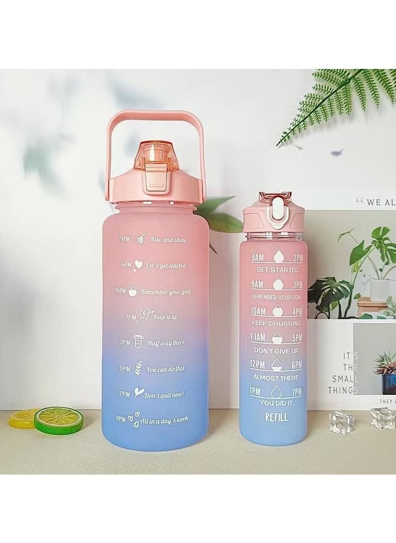 VIO Leakproof Free Water Bottles for Fitness Gym and Outdoor Sports Water Bottles with Time Marker Motivational Bottles with Straw Set of 2 2000ML 64 OZ and 700ML 24Oz Gradient Pink Blue  - Image 1