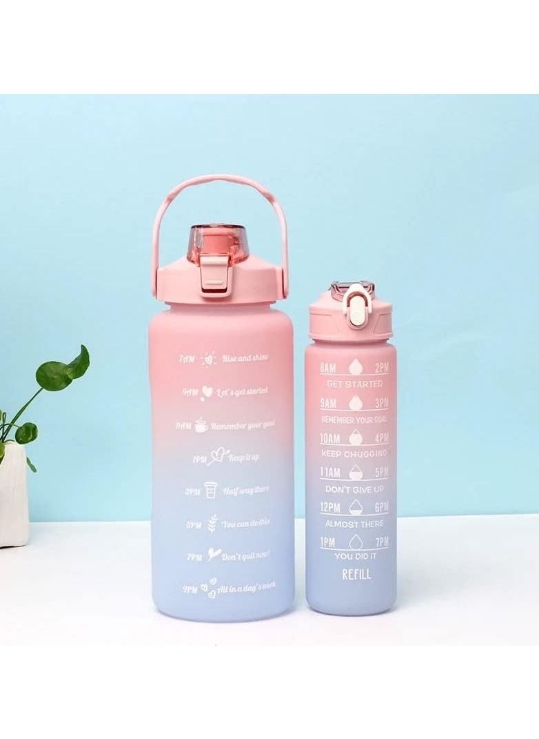 VIO Leakproof Free Water Bottles for Fitness Gym and Outdoor Sports Water Bottles with Time Marker Motivational Bottles with Straw Set of 2 2000ML 64 OZ and 700ML 24Oz Gradient Pink Blue  - Image 3