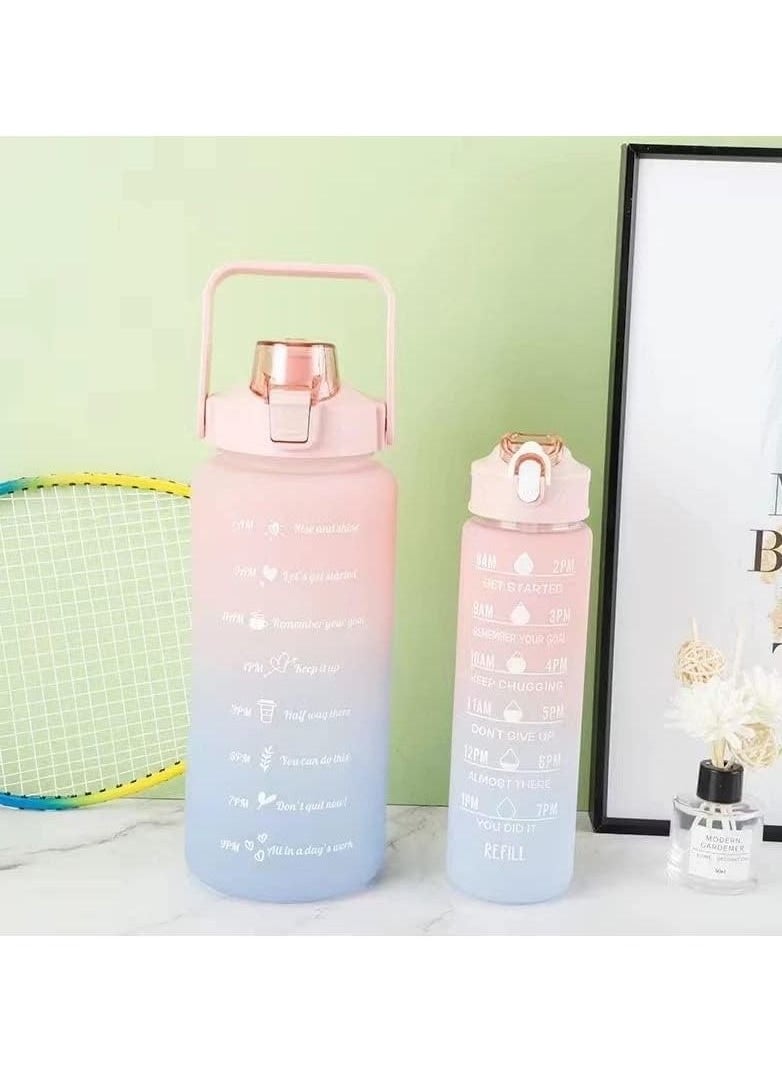 VIO Leakproof Free Water Bottles for Fitness Gym and Outdoor Sports Water Bottles with Time Marker Motivational Bottles with Straw Set of 2 2000ML 64 OZ and 700ML 24Oz Gradient Pink Blue  - Image 4