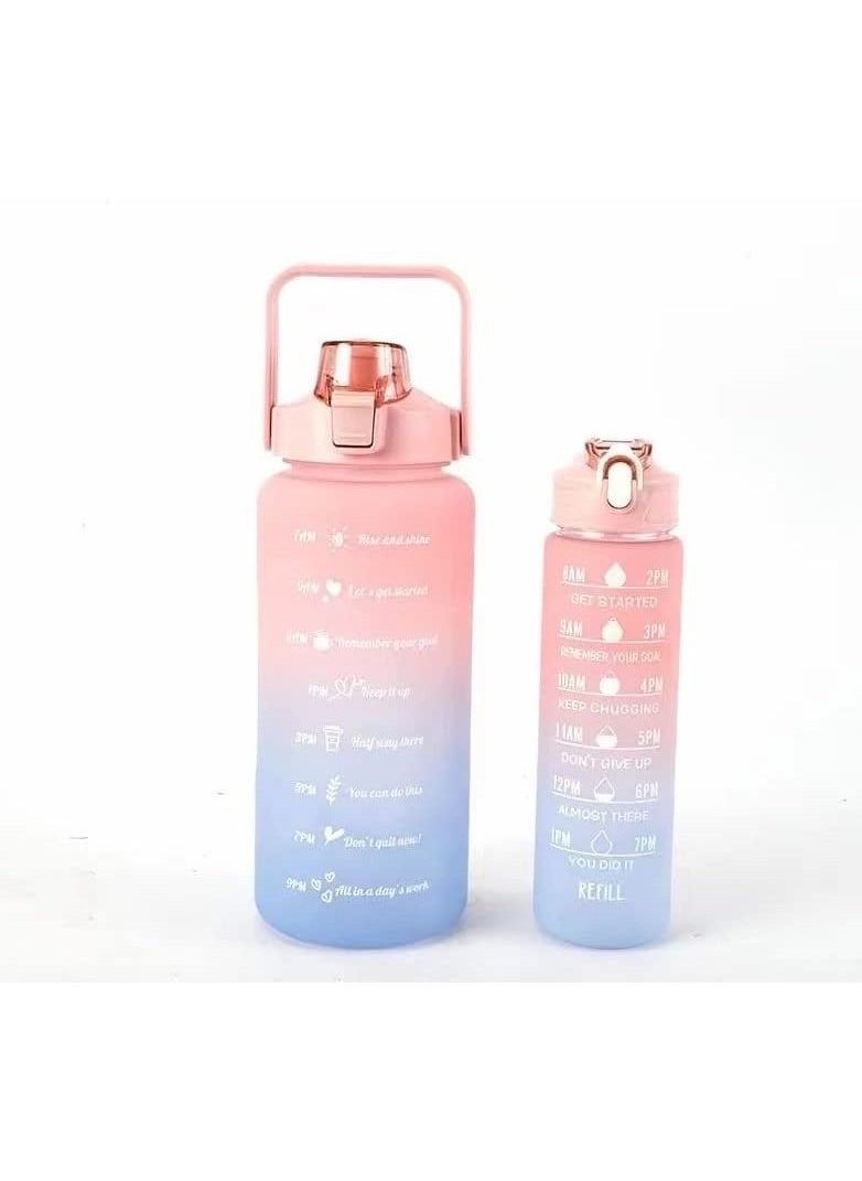 VIO Leakproof Free Water Bottles for Fitness Gym and Outdoor Sports Water Bottles with Time Marker Motivational Bottles with Straw Set of 2 2000ML 64 OZ and 700ML 24Oz Gradient Pink Blue  - Image 2