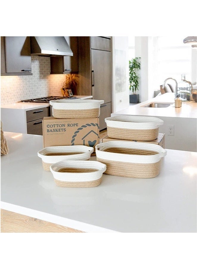 Bukela Oval Storage Basket 5 Pieces Set-Natural Cotton Rope Woven Basket, Storage Box for Organizing Small Baskets Dog Toy Basket with Handle, Cat Toy Box, Bathroom Organizer Bucket - Image 5