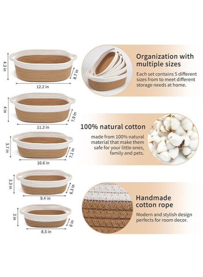 Bukela Oval Storage Basket 5 Pieces Set-Natural Cotton Rope Woven Basket, Storage Box for Organizing Small Baskets Dog Toy Basket with Handle, Cat Toy Box, Bathroom Organizer Bucket - Image 2
