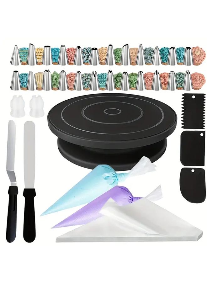 White 82pcs Cake Turntable Baking Kit with 50 Piping Bags and Nozzles - Image 1