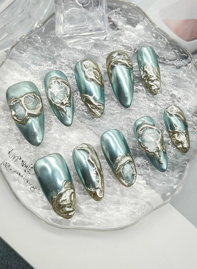 HUOYUAN JIA 10pcs Handmade Press On Nails,Reusable and Removable Almond Shaped Fake Nails, Comes with A Rubbing Strip and A Piece of Jelly Glue for Fashionable Women's Holiday Gifts,Fake Nail Set  - Image 1