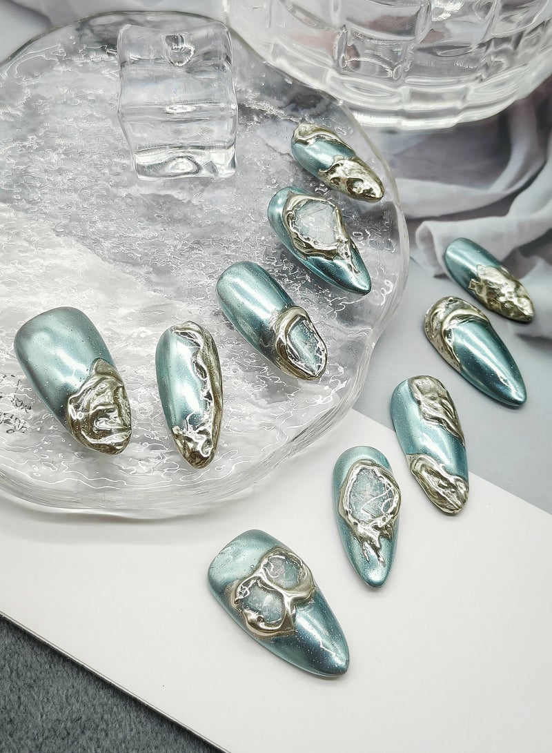 HUOYUAN JIA 10pcs Handmade Press On Nails,Reusable and Removable Almond Shaped Fake Nails, Comes with A Rubbing Strip and A Piece of Jelly Glue for Fashionable Women's Holiday Gifts,Fake Nail Set  - Image 5
