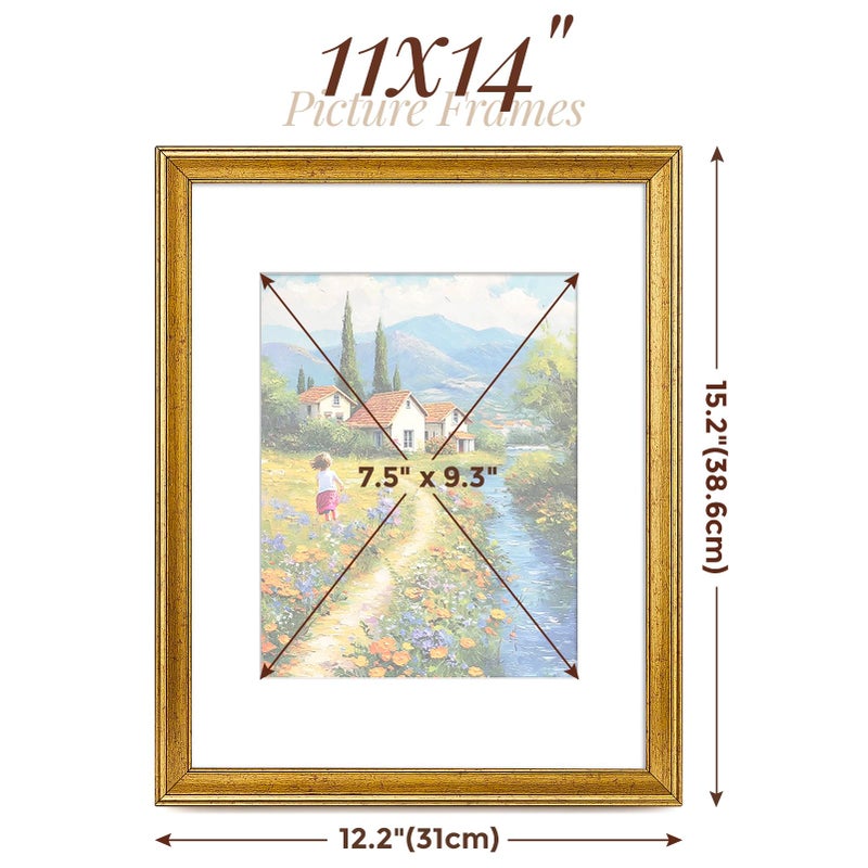 TWING 11x14 Picture Frame,Display Pictures 8x10 with Mat or 11x14 Without Mat,Ornate Picture Frames for Wall Mounting or Table Display,Rustic Gold,1 Pack - Image 2