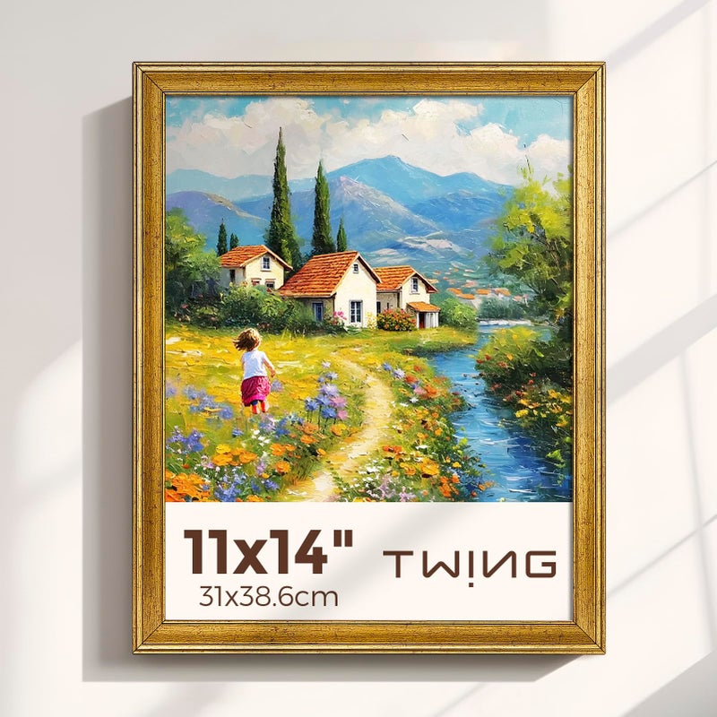 TWING 11x14 Picture Frame,Display Pictures 8x10 with Mat or 11x14 Without Mat,Ornate Picture Frames for Wall Mounting or Table Display,Rustic Gold,1 Pack - Image 1