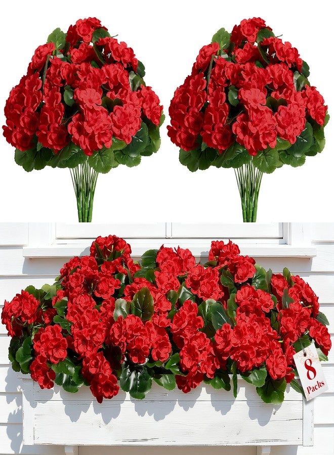 Alupssuc 8Pcs Artificial Geranium Flowers for Outdoors Decoration Silk Floral, UV Resistant Fake Plants, Faux Flower for Porch Garden Table Centerpieces Home Indoor Outside Spring Decor(8, Red) - Image 1