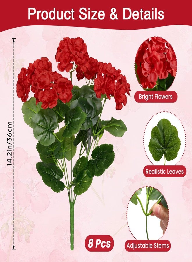 Alupssuc 8Pcs Artificial Geranium Flowers for Outdoors Decoration Silk Floral, UV Resistant Fake Plants, Faux Flower for Porch Garden Table Centerpieces Home Indoor Outside Spring Decor(8, Red) - Image 3