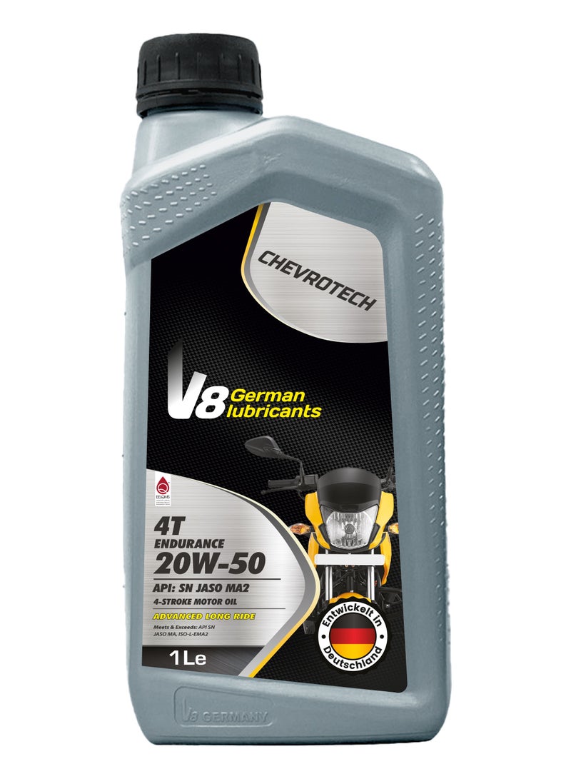 V8 German Lubricants 4T Endurance 20W-50 Motorcycle Engine Oil – 1L | API SN JASO MA2 | High-Performance 4-Stroke Motor Oil | Long Ride Protection | Engineered with German Technology - Image 1