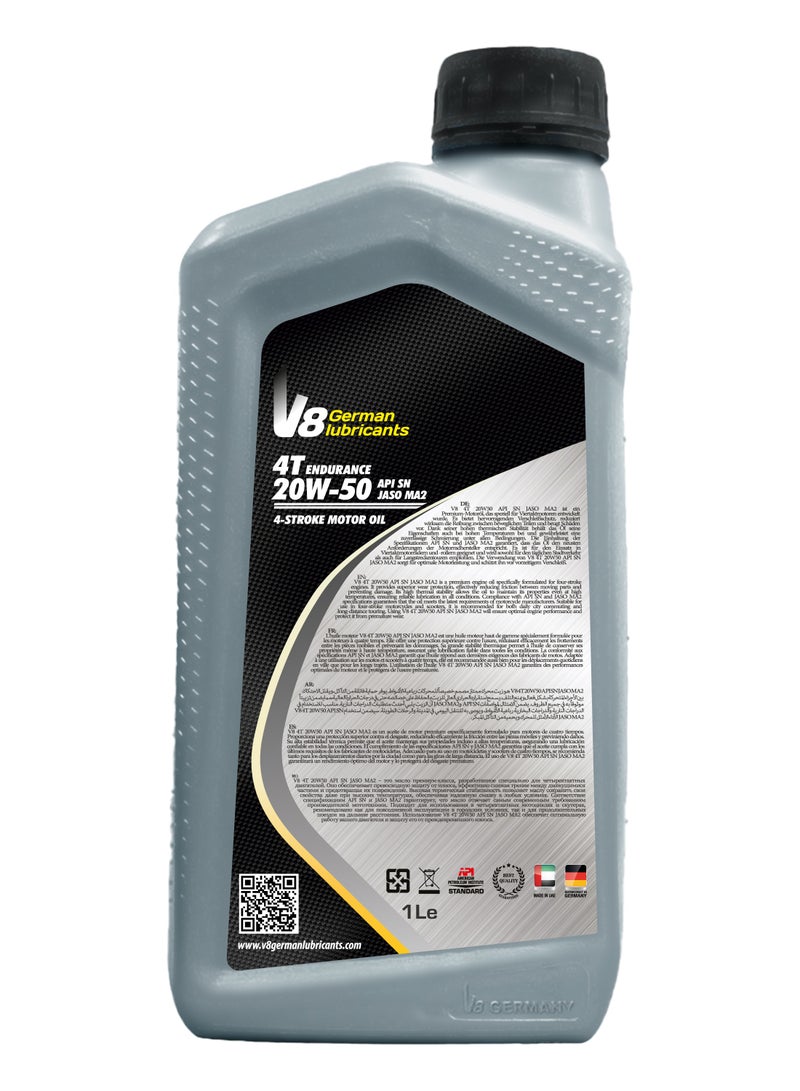 V8 German Lubricants 4T Endurance 20W-50 Motorcycle Engine Oil – 1L | API SN JASO MA2 | High-Performance 4-Stroke Motor Oil | Long Ride Protection | Engineered with German Technology - Image 2