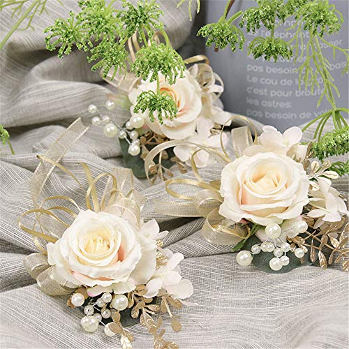 USIX 2pc Pack-Handmade Artificial Flower Rose with Gold Leaves Ribbons Artificial Pearls Wrist Corsage & Men's Lapel Boutonniere Pin Combo Set Package for Wedding Party Prom Homecoming (Corsage Pack) - Image 4