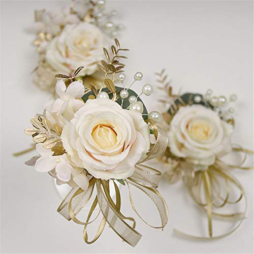 USIX 2pc Pack-Handmade Artificial Flower Rose with Gold Leaves Ribbons Artificial Pearls Wrist Corsage & Men's Lapel Boutonniere Pin Combo Set Package for Wedding Party Prom Homecoming (Corsage Pack) - Image 3