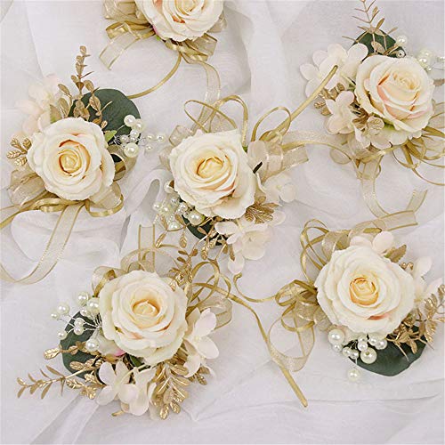 USIX 2pc Pack-Handmade Artificial Flower Rose with Gold Leaves Ribbons Artificial Pearls Wrist Corsage & Men's Lapel Boutonniere Pin Combo Set Package for Wedding Party Prom Homecoming (Corsage Pack) - Image 2