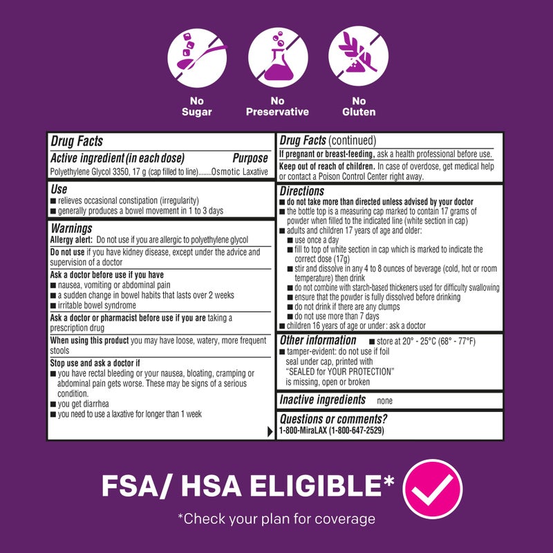 MiraLAX Laxative Powder for Gentle Constipation Relief for Adults, Stool Softener with PEG 3350, Nonstimulant Laxative, No Harsh Side Effects, Single Dose Mix-In Pax, Travel Pack, 40 Doses - Image 5