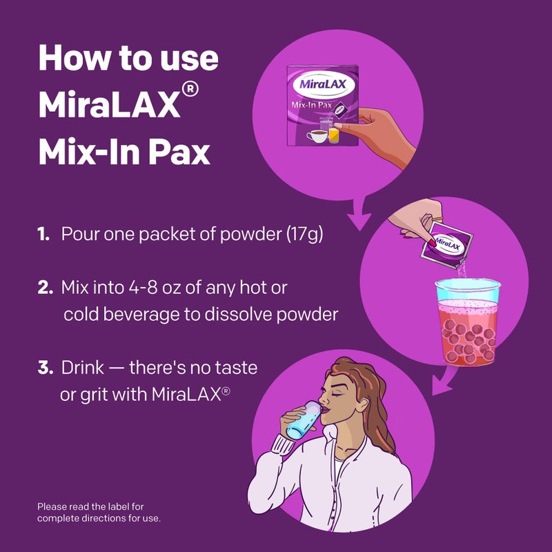MiraLAX Laxative Powder for Gentle Constipation Relief for Adults, Stool Softener with PEG 3350, Nonstimulant Laxative, No Harsh Side Effects, Single Dose Mix-In Pax, Travel Pack, 40 Doses - Image 3
