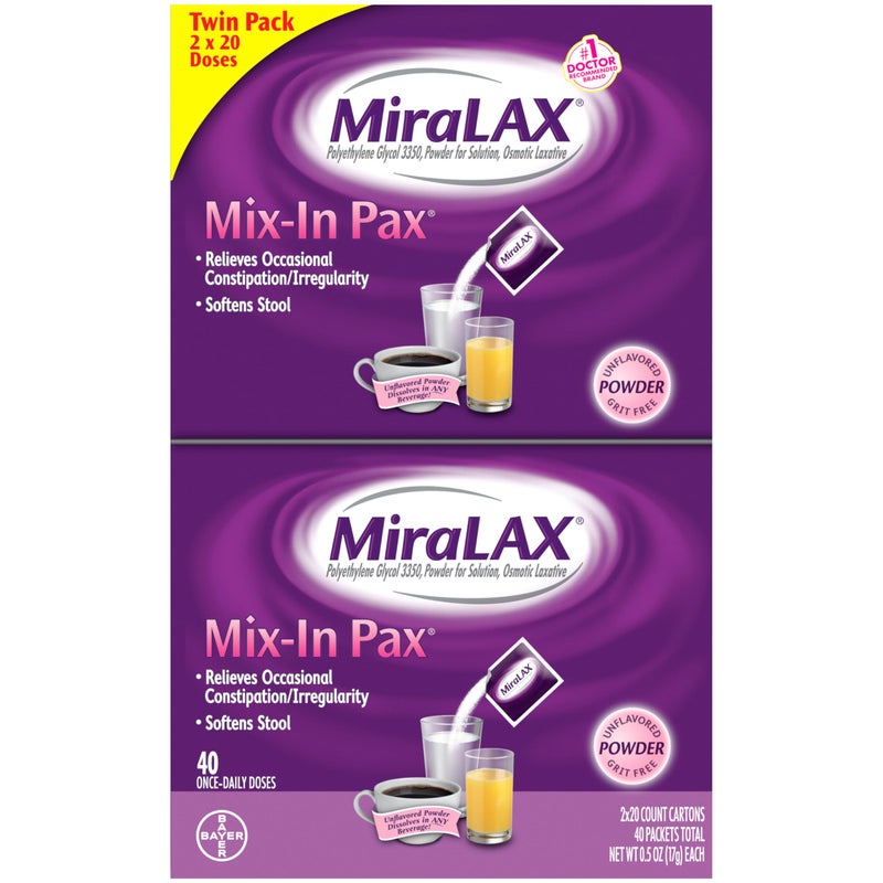 MiraLAX Laxative Powder for Gentle Constipation Relief for Adults, Stool Softener with PEG 3350, Nonstimulant Laxative, No Harsh Side Effects, Single Dose Mix-In Pax, Travel Pack, 40 Doses - Image 1