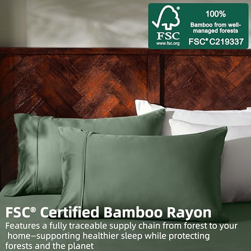 GOKOTTA Queen Size Bed Sheets 6 Piece Set 100 Rayon Derived from Bamboo Cooling for Hot SleepersLuxury Breathable Soft Sheets Deep Pocket 16 Fitted Sheet with Elastic Corner Straps Green - Image 3