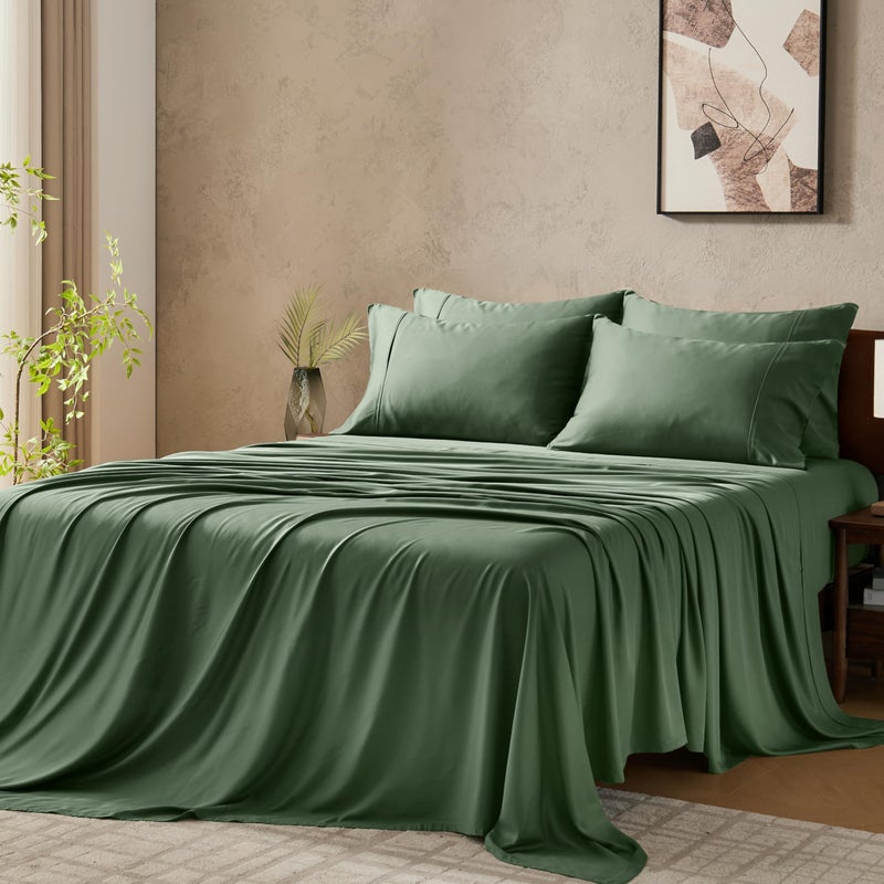 GOKOTTA Queen Size Bed Sheets 6 Piece Set 100 Rayon Derived from Bamboo Cooling for Hot SleepersLuxury Breathable Soft Sheets Deep Pocket 16 Fitted Sheet with Elastic Corner Straps Green - Image 2