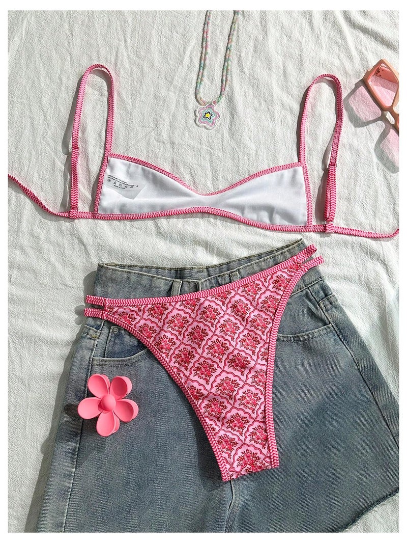 MakeMeChic Women's Boho Micro Thong Bikini Sets Cheetah Gingham High Cut Sexy Cute Bathing Suit Swimsuit Pink X-Small - Image 3