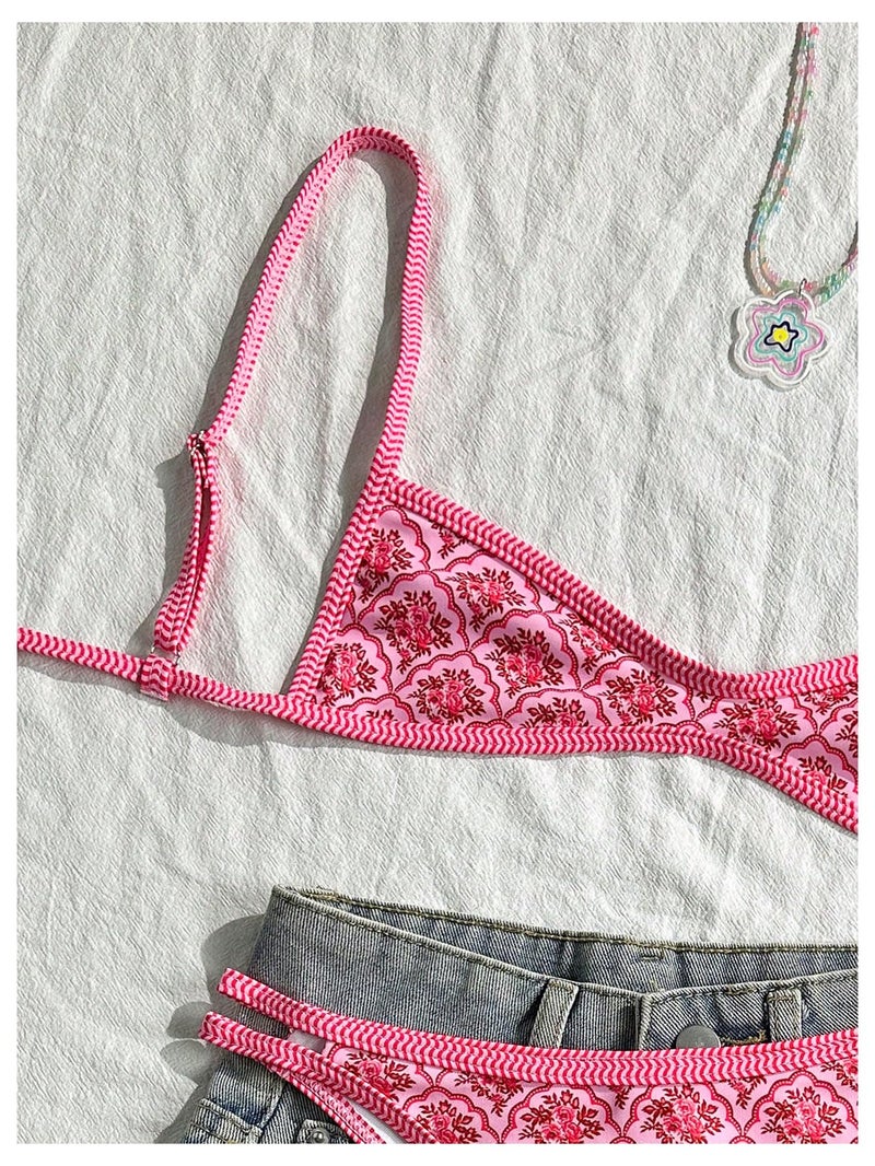 MakeMeChic Women's Boho Micro Thong Bikini Sets Cheetah Gingham High Cut Sexy Cute Bathing Suit Swimsuit Pink X-Small - Image 4