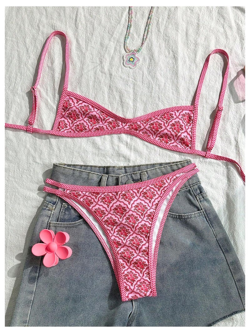 MakeMeChic Women's Boho Micro Thong Bikini Sets Cheetah Gingham High Cut Sexy Cute Bathing Suit Swimsuit Pink X-Small - Image 2