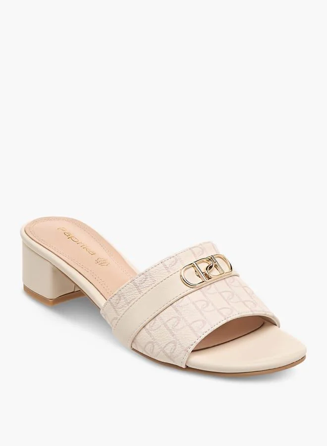 Women Monogram Print Slip-On Sandals with Block Heels