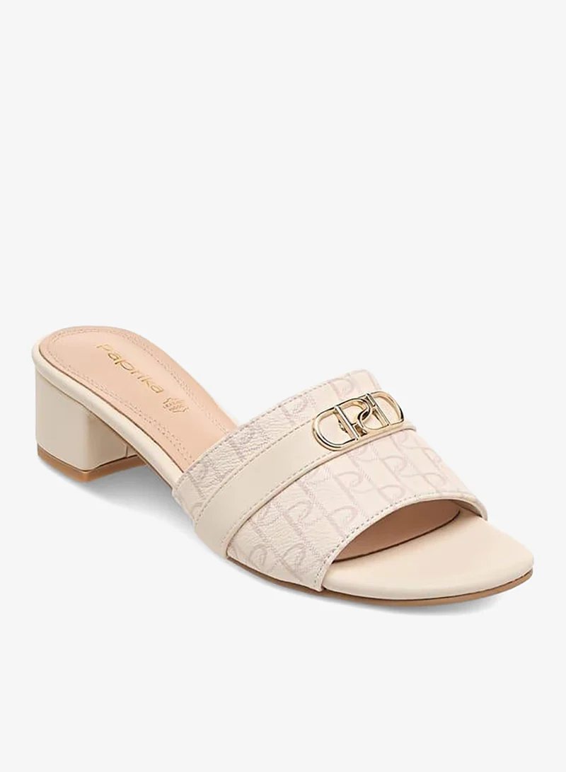 Women Monogram Print Slip-On Sandals with Block Heels