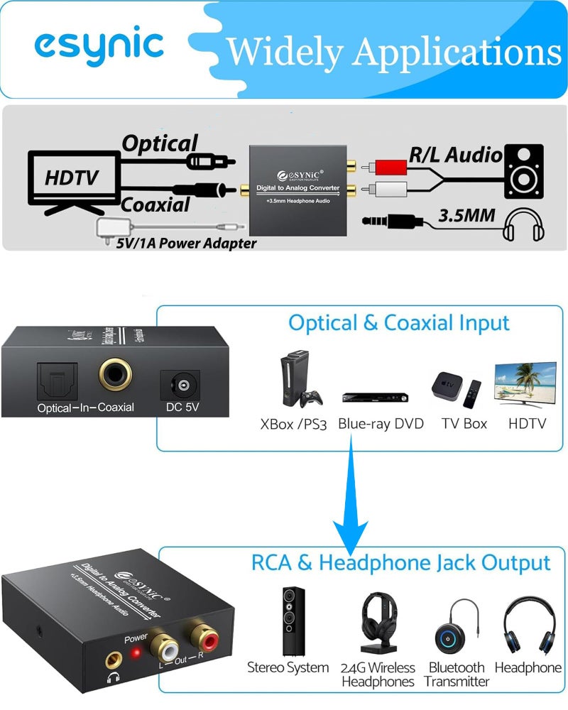 eSynic 192KHZ Digital to Analog Audio Adapter Portable DAC Converter-Aluminum Alloy Plug&Play Optical to RCA & 3.5mm Adapter from HDTV/DVD/Blu-Ray/Gaming Consoles to 3.5mm & L/R Stereo Audio System - Image 3