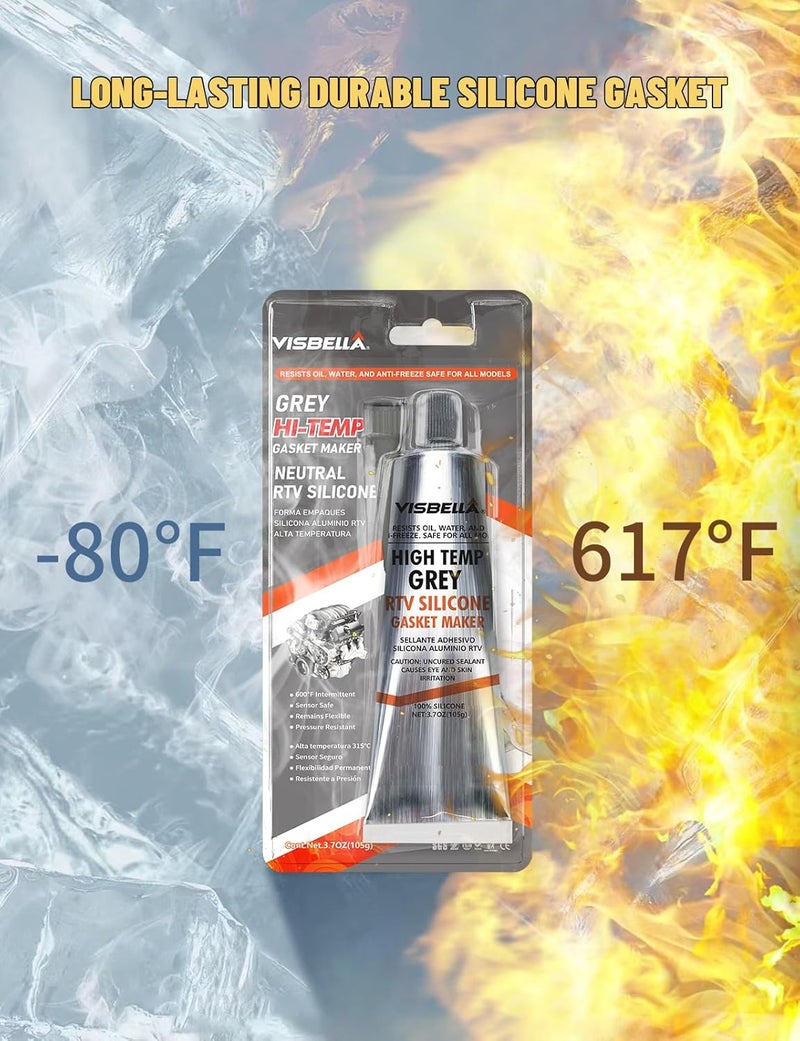 Visbella High Temperature RTV Silicone Gasket Maker, Sealed Oil Resistant Waterproof Quick Dry Liquid for Bonding Internal Combustion, Steam Turbines, Automotive Engine Parts 3.7OZ (Grey) Modern look - Image 3