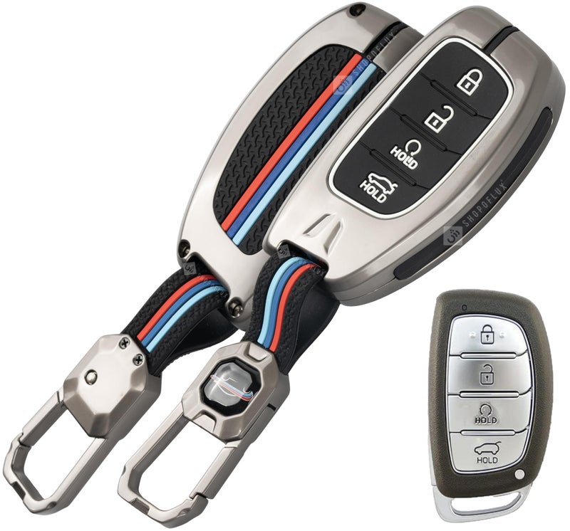 SHOPOFLUX Key Cover Compatible with Hyundai Alcazar and Creta ev Car 4 Button Smart Key (Metal Black Silicone) - Image 1