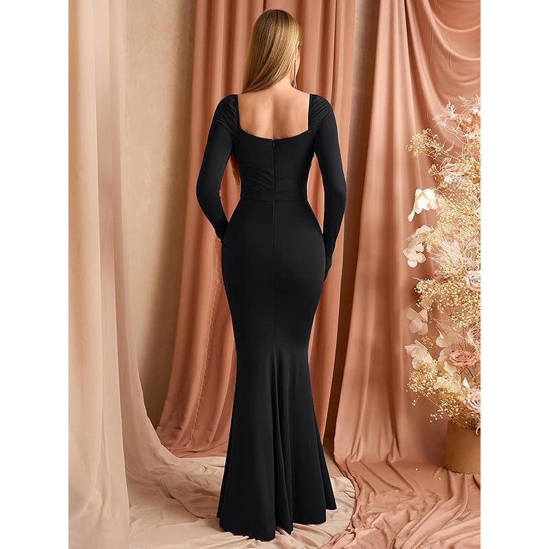 EYNMIN Corset Maxi Dress Long Sleeve Square Neck Ruched Bodycon Elegant Formal Wedding Guest Dresses for Women 2025 Fall - Image 3
