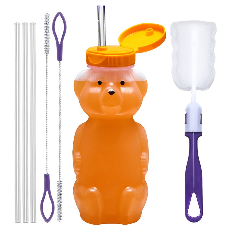 Special Supplies Honey Bear Straw Cup Long Straws, Squeezable Therapy and Special Needs Assistive Drink Container, Spill Proof and Leak Resistant Lid (Pack of 1 Bottle and 3 Straws) - Image 1