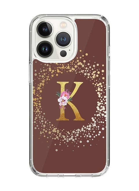 Classic Clear Case For iPhone 15 Pro, Hybrid Soft Case Flexible Edges Thin Cover- Custom Monogram Initial Letter Floral Pattern Alphabet - K (Brown)