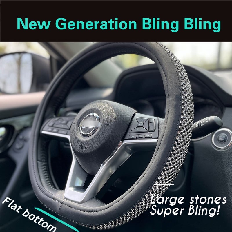 PINCTROT D Shaped Bling Comfy Steering Wheel Cover with Jumbo Crystal Rhinestones, Anti-Slip Diamond Leather, Flat Bottom 14.5-15 Inch (Black) - Image 2