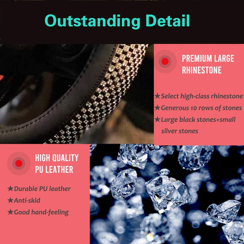 PINCTROT D Shaped Bling Comfy Steering Wheel Cover with Jumbo Crystal Rhinestones, Anti-Slip Diamond Leather, Flat Bottom 14.5-15 Inch (Black) - Image 3