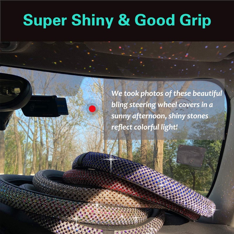 PINCTROT D Shaped Bling Comfy Steering Wheel Cover with Jumbo Crystal Rhinestones, Anti-Slip Diamond Leather, Flat Bottom 14.5-15 Inch (Black) - Image 4