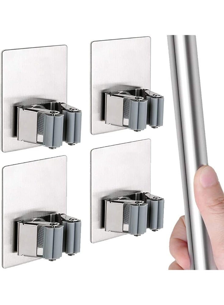 4 PCS Broom Holder Mop Holder, Broom and Mop Grippers, Self Adhesive and No Drilling Broom and Dustpan Hanger, Wall Mount Mops Rakes Holder for Home, Kitchen, Garden, Garage (Silver) - Image 1